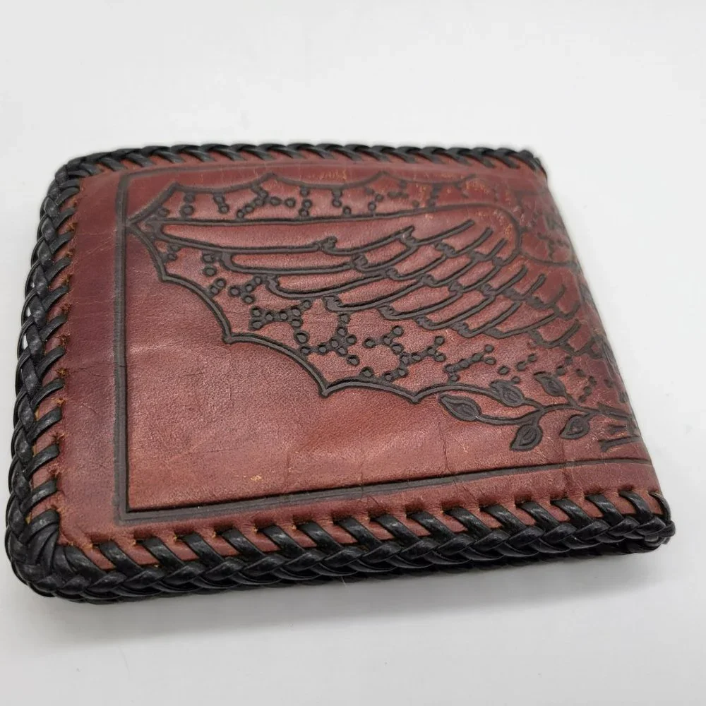 Tooled Leather Wallet Eagle Wings Mexico Vintage Black Leather Whip Stitching